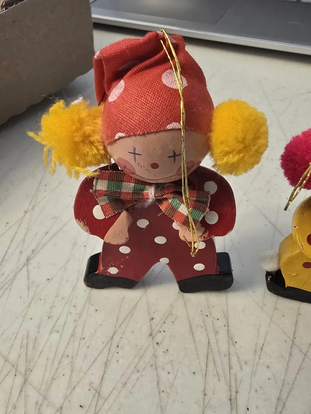 Vintage Wooden Clown Christmas Ornaments Set Of 2 Handpainted 3.5